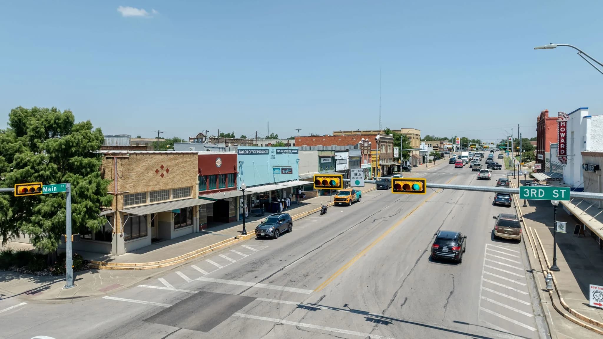 Aerial looking down a historic downtown main street